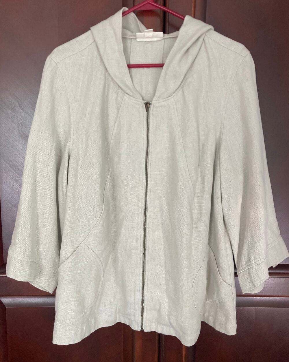 Coldwater Creek -Lagenlook Coastal Grandma Chic Linen Beige Zip Hooded Jacket-1X